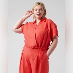 Athleta Playa Tie Top 3X Passionfruit Coral Lightweight Collared 100% Linen Top